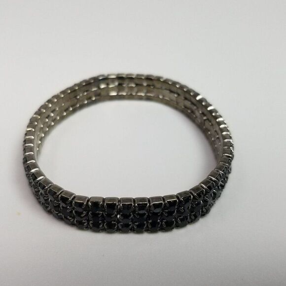 Vintage Sparkly Black Rhinestone Three Row Stretch Bangle Bracelet, Estate - Picture 4 of 7
